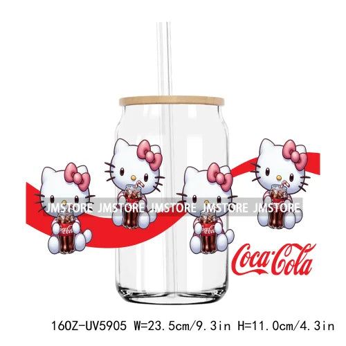 Flower Cartoon Cat With Pink Bow 16OZ UV DTF Cup Wrap Transfer Sticker Custom Label Durable Waterproof Logo For Libbey Glass Can