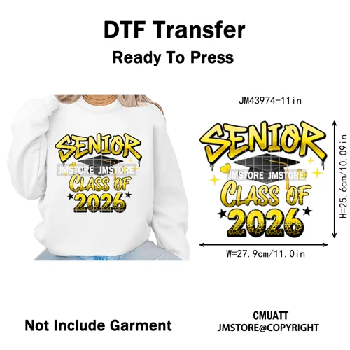 Preppy Coquette Senior 2026 Mega Graduate Cap Varsity Iron on Washable DTF Heat Transfers Stickers Ready to Press for Textiles