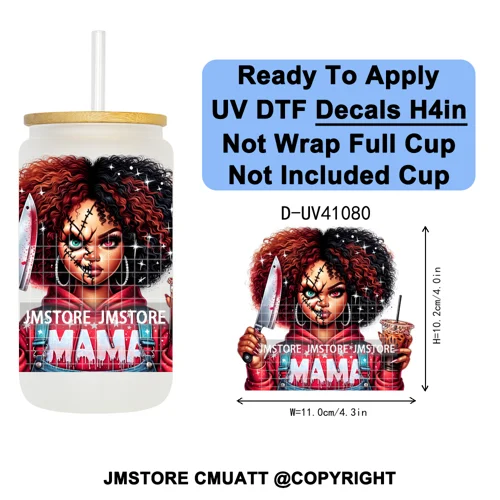 Scary Movie Character Afro Girls Halloween UV DTF Transfer Stickers Decals Ready To Apply Waterproof For 16OZ Libbey Glass Can