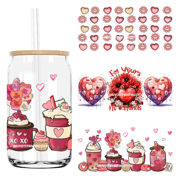 XOXO Valentines Coffee Cup 16OZ UV DTF Cup Wrap Transfers Stickers Custom Label DIY Waterproof Logo For Libbey Glass Can Hearts