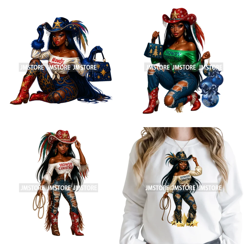 Western Cowgirl African Melanie Boots Howdy Christmas Iron on Washable DTF Heat Transfer Stickers Ready to Press for Hoodies Bag