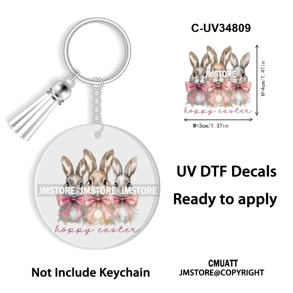 Faux Sequin Glitter Happy Easter Bow Retro Easter Bunny Blowing Bubble UV DTF Stickers for Round Circle Acrylic Keychain Keyring