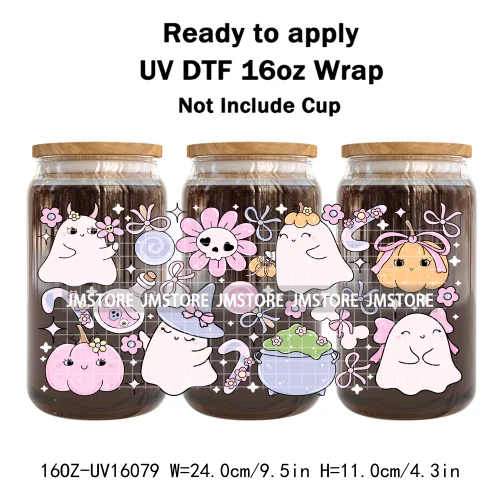 Cute Halloween Ghost Black Cat UV DTF Wraps Transfer Sticker Selfadhesive Waterproof Prints For 16OZ Libbey Glass Can Tumbler