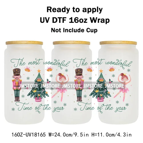 Faux Glitter Preppy Nutcracker Christmas UV DTF Cup Wrap Ready To Apply Transfer Sticker 16OZ Tumbler Wraps For Libbey Glass Can