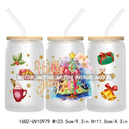 Coquette Glitter Holly Jolly Christmas Tree UV DTF Cup Wrap For Libbey Glass Can Transfer Stickers Waterproof Custom Labels Gift