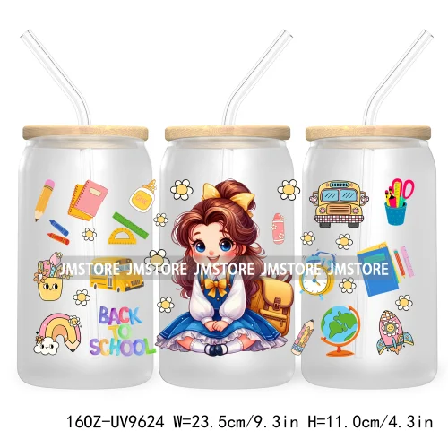 Back To School Cartoon Princess 16OZ UV Cup Wrap DTF Transfer Sticker For Libbey Glass Can Cups Tumbler Waterproof Label Teacher