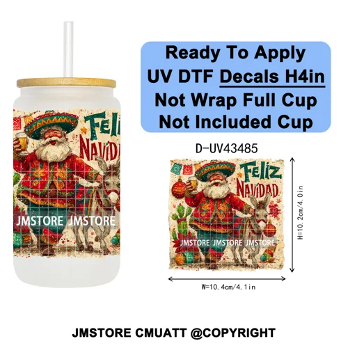 Feliz Navidad Mexican Christmas UV DTF Decals Ready To Apply Waterproof Transfer Stickers DIY Crafts For 16OZ Libbey Glass Can