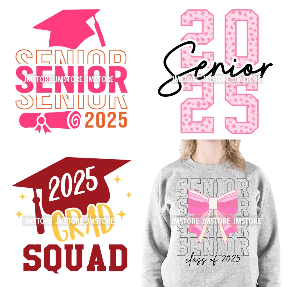 New High School Pink Senior 2025 Grad Squad 2k25 Senior Year Coquette Iron On DTF Transfers Stickers Ready To Press For Hoodies