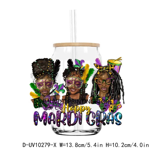 Happy Mardi Gras Afro Messy Bun UV DTF Transfers Stickers Decals For Libbey Cold Cups Mugs Tumbler Waterproof DIY Logo