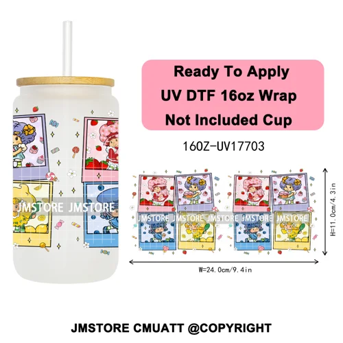 90s Cartoon Strawberry Characters Coquette Bow 16OZ UV DTF Cup Wraps Ready To Apply Transfer Stickers For Libbey Glass Can Mugs