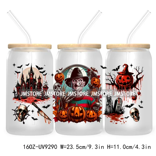 Scary Movies Halloween 16OZ UV DTF Cup Wrap Transfer Stickers Custom Labels Waterproof Logo For Libbey Glass Can Spooky Season