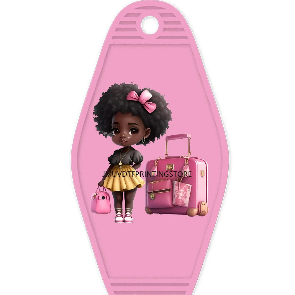 School Melanin Black Girls With Luggage High Quality WaterProof UV DTF Sticker For Motel Hotel Keychain Afro Children