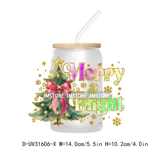 Merry Bright Coquette Bow Glitter Christmas Tree Girly UV DTF Transfer Stickers Decals For Libbey Cold Cup Mug Tumbler Durable