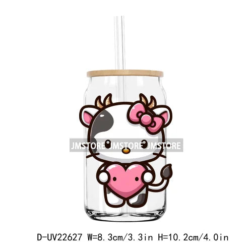 Dairy Cow Cartoon Hello Cat With Hearts UV DTF Transfer Stickers Decals For Libbey Cold Cups Mugs Tumbler Waterproof DIY Craft