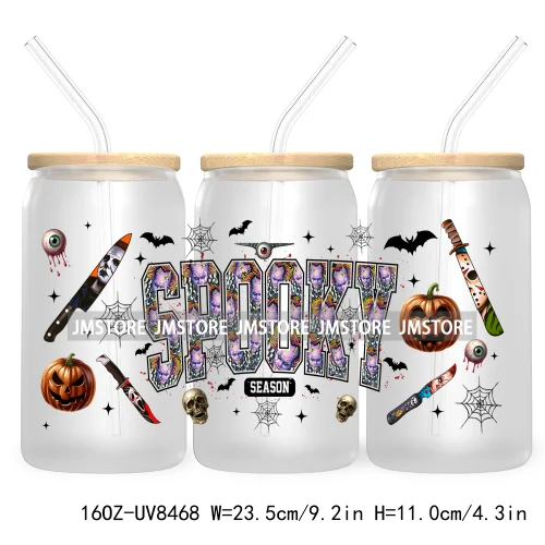 Halloween Characters 16OZ UV DTF Cup Wrap Transfer Sticker Custom Label Waterproof Logo For Libbey Glass Can Spooky Horror Movie