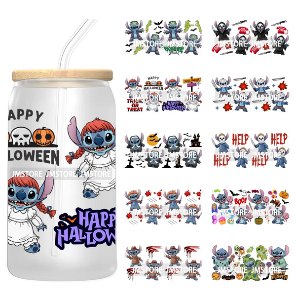 Happy Halloween Cartoon Killers Spooky Season UV DTF Wraps Transfer Sticker Selfadhesive Waterproof For 16OZ Libbey Glass Can
