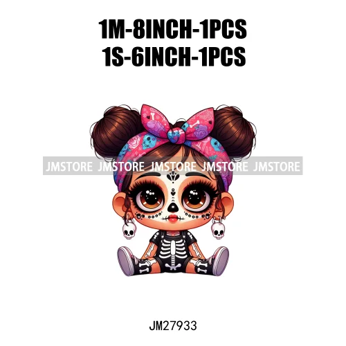 Halloween Skeleton Latina Baby Chibi Hispanic Girls Spooky Season DTF Iron On Transfers Stickers Ready To Press For Clothing