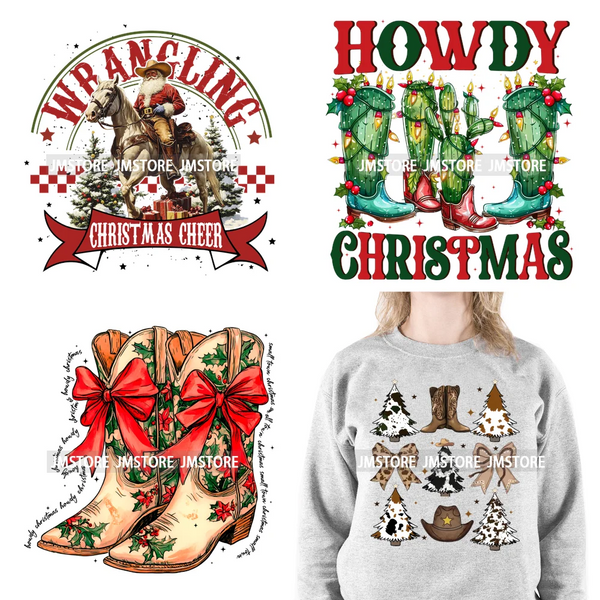 Howdy Christmas Cheer Vibes Coquette Western Country Cowgirl Boots Iron On DTF Transfer Stickers Ready To Press For Clothes Bags