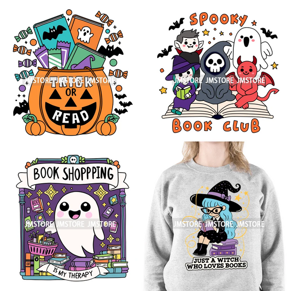 Custom Trick Or Read Ghost Witches Spooky Book Club Decals Bookish Girly Halloween DTF Iron On Transfers Stickers For T-shirts