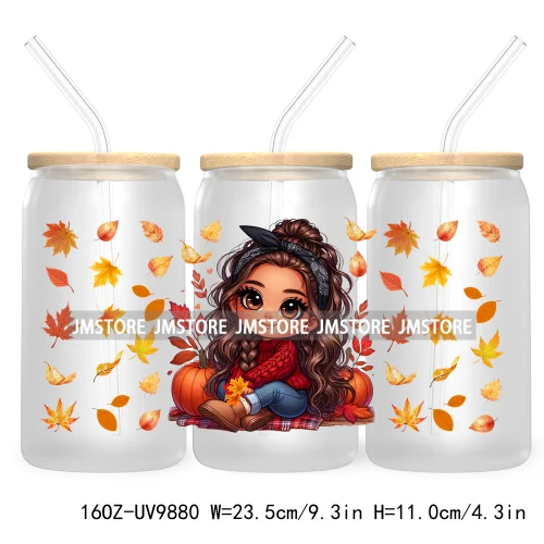 Mexican Latina Chibi Autumn Baby Girl UV DTF Sticker For 16OZ Libbey Glass Cup Can Wrap Transfer Stickers Custom Labels DIY Logo