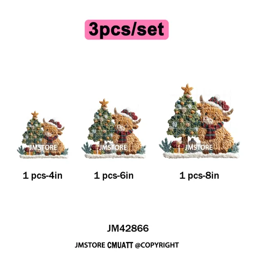Faux Latch Hook Yarn Crochet Christmas Highland Cow Santa Iron on DTF Washable Transfer Stickers Ready to Press for Garment Bags