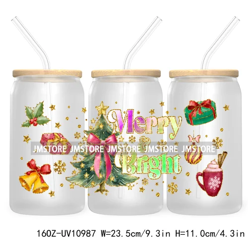 Coquette Glitter Holly Jolly Christmas Tree UV DTF Cup Wrap For Libbey Glass Can Transfer Stickers Waterproof Custom Labels Gift