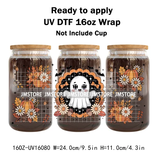 Cute Halloween Ghost Black Cat UV DTF Wraps Transfer Sticker Selfadhesive Waterproof Prints For 16OZ Libbey Glass Can Tumbler