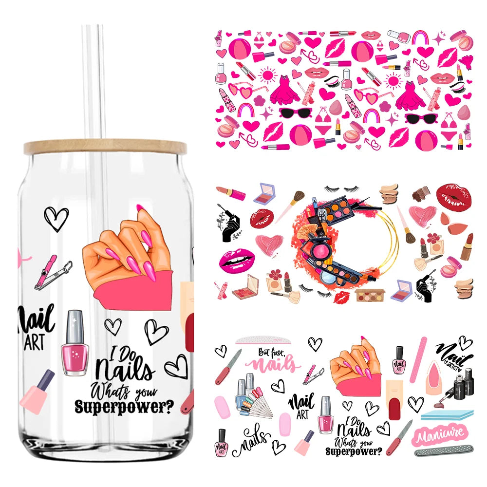 Groovy Pink Nails Artist 16OZ UV DTF Cup Wrap Transfers Stickers Custom Labels DIY Durable Waterproof Logo For Libbey Glass Can
