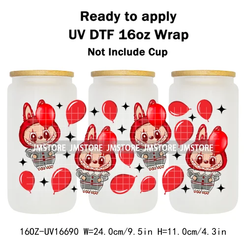 Laboo Cartoon Horror Halloween Characters 16OZ UV DTF Cup Wraps Ready To Apply Waterproof Transfer Stickers For Libbey Glass Can