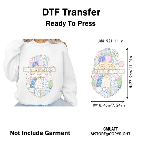 Merry and Bright Coquette Patchwork Santa Christmas Holiday Season Iron on DTF Heat Transfer Stickers Ready to Press for Hoodies