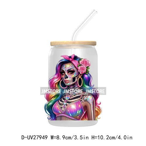 Rainbow Diamond Glamor Latina Skeleton UV DTF Transfer Stickers Decals For Libbey Cold Cups Mugs Tumbler Chicana Latina Woman