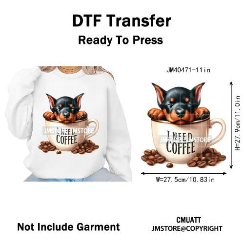 Funny Cartoon Pet Puppy Small Sleeping Cozy Coffee Dogs Lover Iron on DTF Washable Transfers Sticker Ready to Press for Clothing