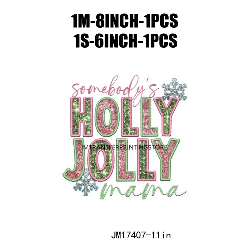 Faux Sparkle Sequin Christmas Holly Jolly Mama Print DTF Iron On Lights Sock Transfer Stickers Ready To Press For Sleeve Clothes