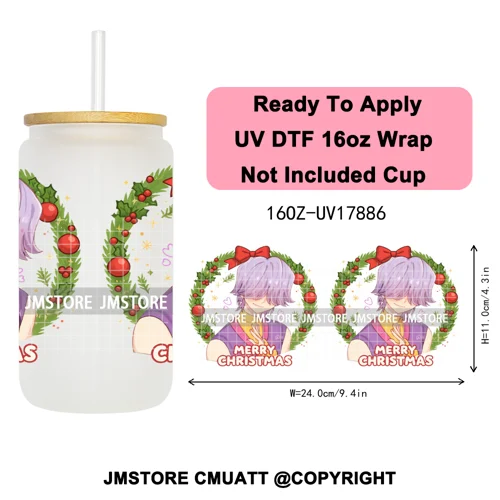 Merry Christmas Kpop Movie Character Anime Girl UV DTF Stickers Ready To Apply Cup Wrap High Quality For 16OZ Libbey Can Glass