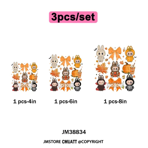 Cute Checkered Spooky Doll Monster Characters Halloween Iron on DTF Washable Heat Transfers Stickers Ready to Press for Textile