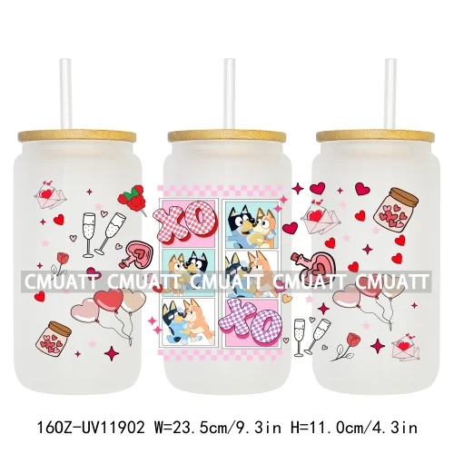 Cartoon Pink Sweet Happy Valentine‘s Day Kids Love Characters UV DTF Stickers Cup Wraps Logos For 16OZ Libbey Glass Can