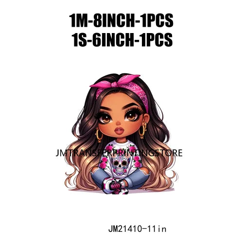 Pink Bow Long Hair Chibi Cute Chicana Doll Girls With Earing Washable Iron On DTF Transfers Stickers Designs For Sweatshirt