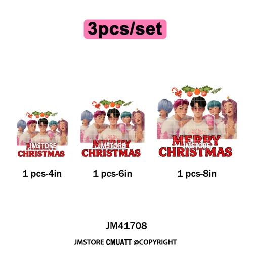 Holly Stars Gifts Happy Kpop Christmas Vibes Winter Holiday Iron on DTF Washable Transfers Stickers Ready to Press for Hoodies
