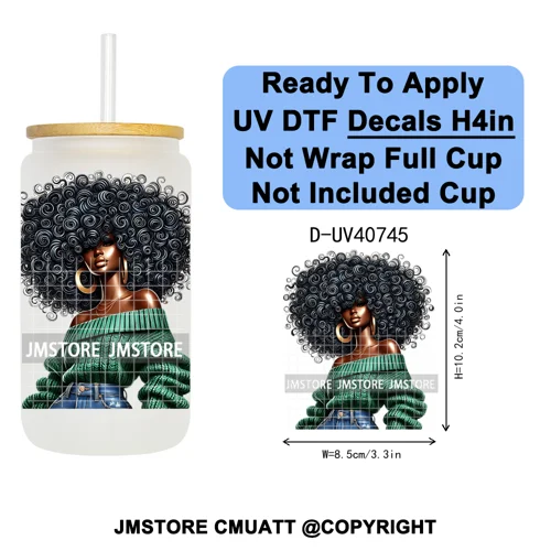 Big Hair Fashionable Black Girl UV DTF Decals Ready To Apply Waterproof Transfer Stickers DIY Crafts For 16OZ Libbey Glass Can