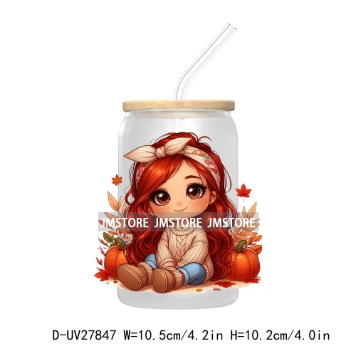 Latina Chibi Autumn Baby Little Girl UV DTF Transfer Stickers Decals For Libbey Cold Cups Mugs Tumbler Fall Vibes Pumpkin Season