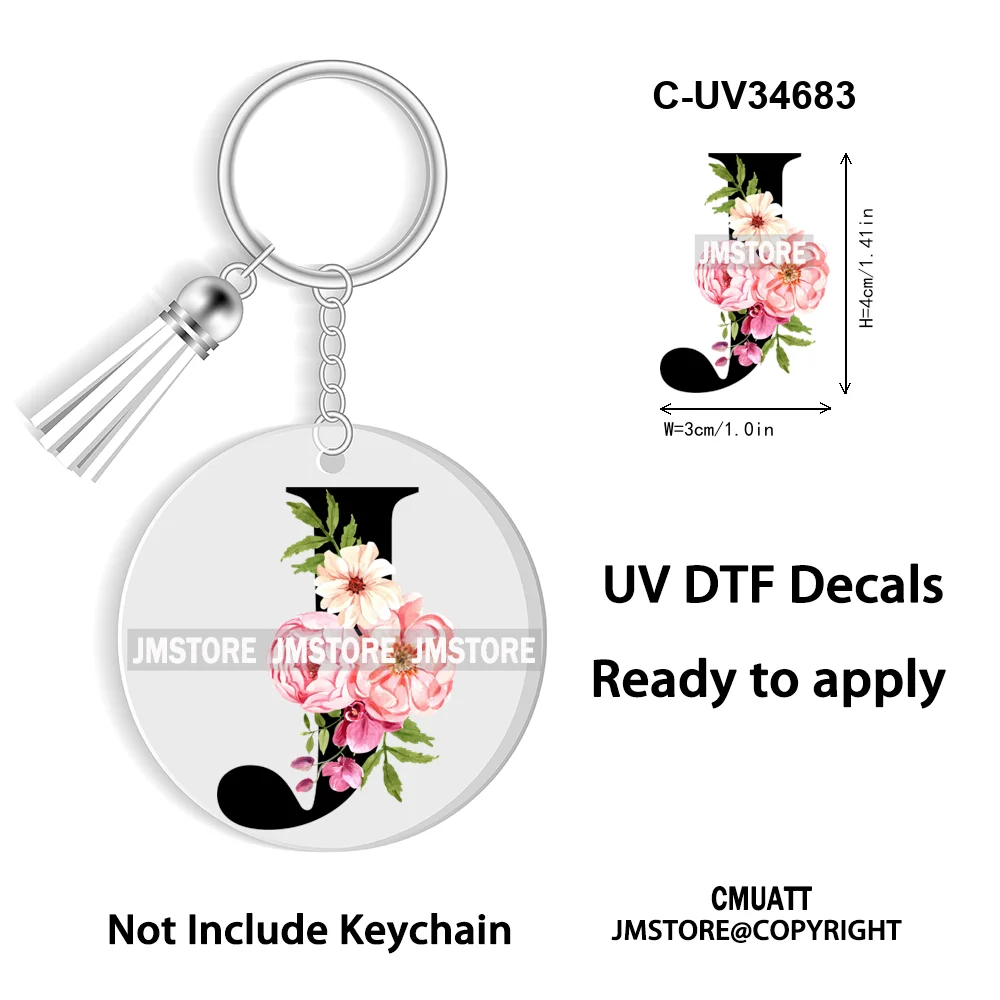 Floral Whole Entire Alphabet Flowers Black Letters Monogram WaterProof UV DTF Stickers For Round Circle Acrylic Keychain Keyring