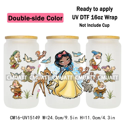 Double Sided Color UV DTF Cup Wraps 16OZ Bulk Waterproof Wholesale Custom Cartoon Cute Princess Mug Glass Water Bottles Sticker
