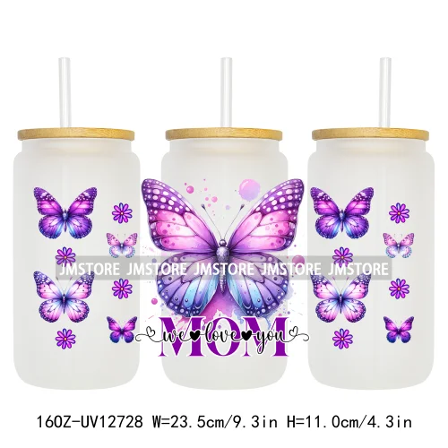 We Love You Mom Butterfly Flowers Mother's Day UV DTF Sticker For 16OZ Libbey Glass Cup Can Wrap Transfer Stickers Custom Labels