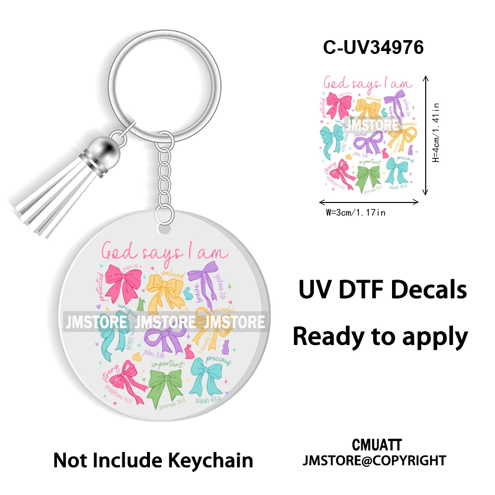 Christian Easter Eggs Bunny Mama Coquette Bow Good Quality WaterProof UV DTF Stickers For Round Circle Acrylic Keychain Keyring