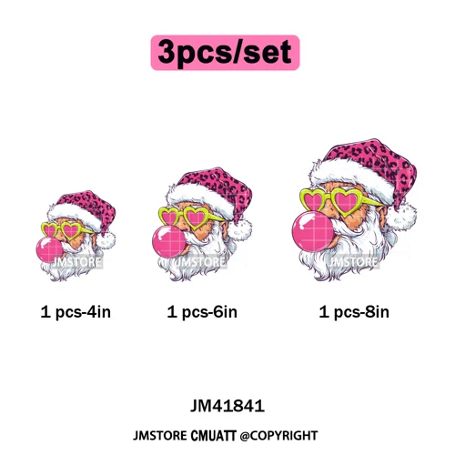 Pink Cartoon Glasses Coffee Drink Leopard Blowing Santa Claus Christmas Iron on DTF Transfer Stickers Ready to Press for T-shirt