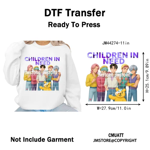 Cute Cartoon Bear Children in Need Charity Raising Kids Iron on Washable DTF Heat Transfers Stickers Ready to Press for Textiles