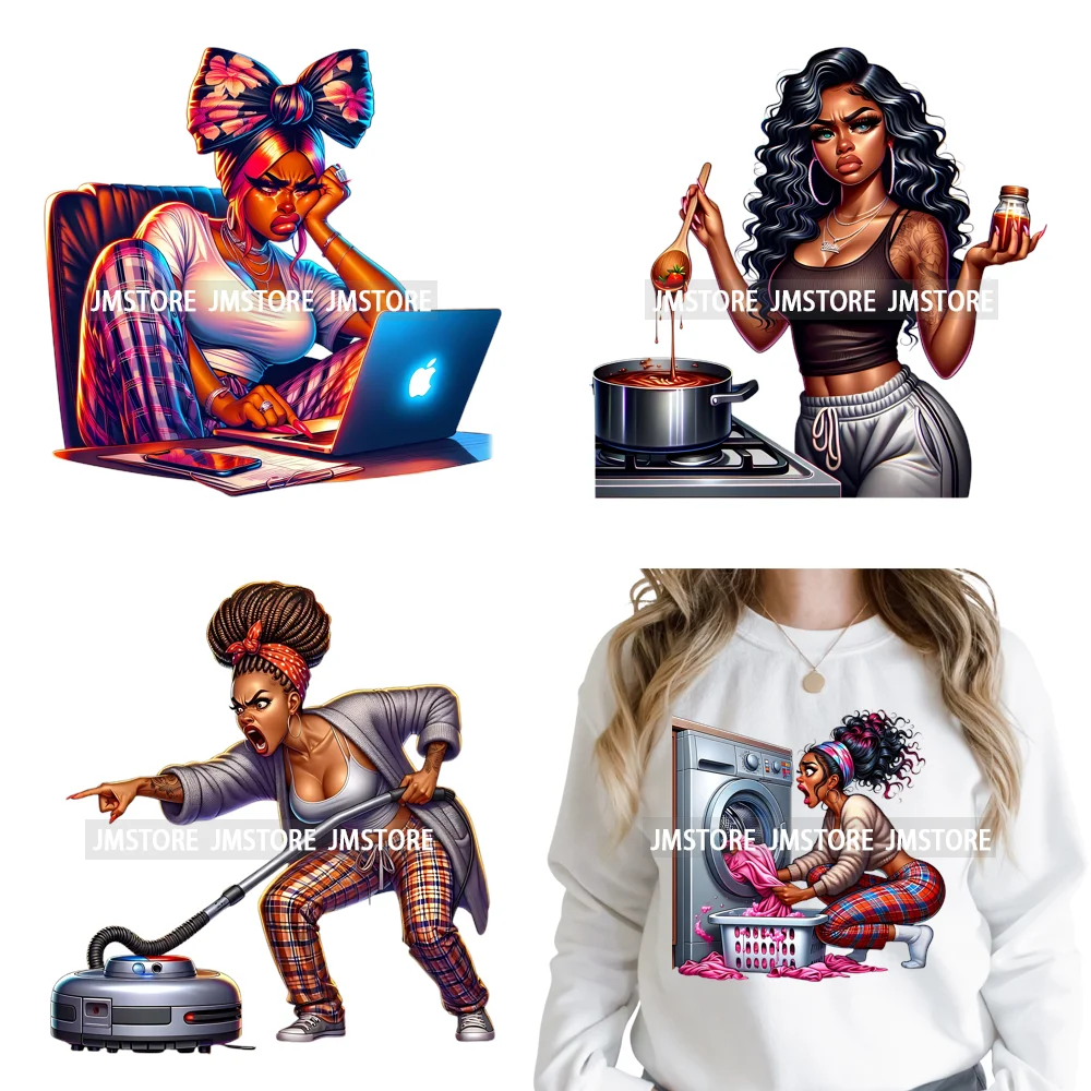 Angry Office African Girl Sassy Moods Housework Mom Iron on Washable DTF Heat Transfer Stickers Ready to Press for T-shirts Bags