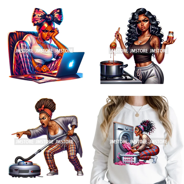 Angry Office African Girl Sassy Moods Housework Mom Iron on Washable DTF Heat Transfer Stickers Ready to Press for T-shirts Bags