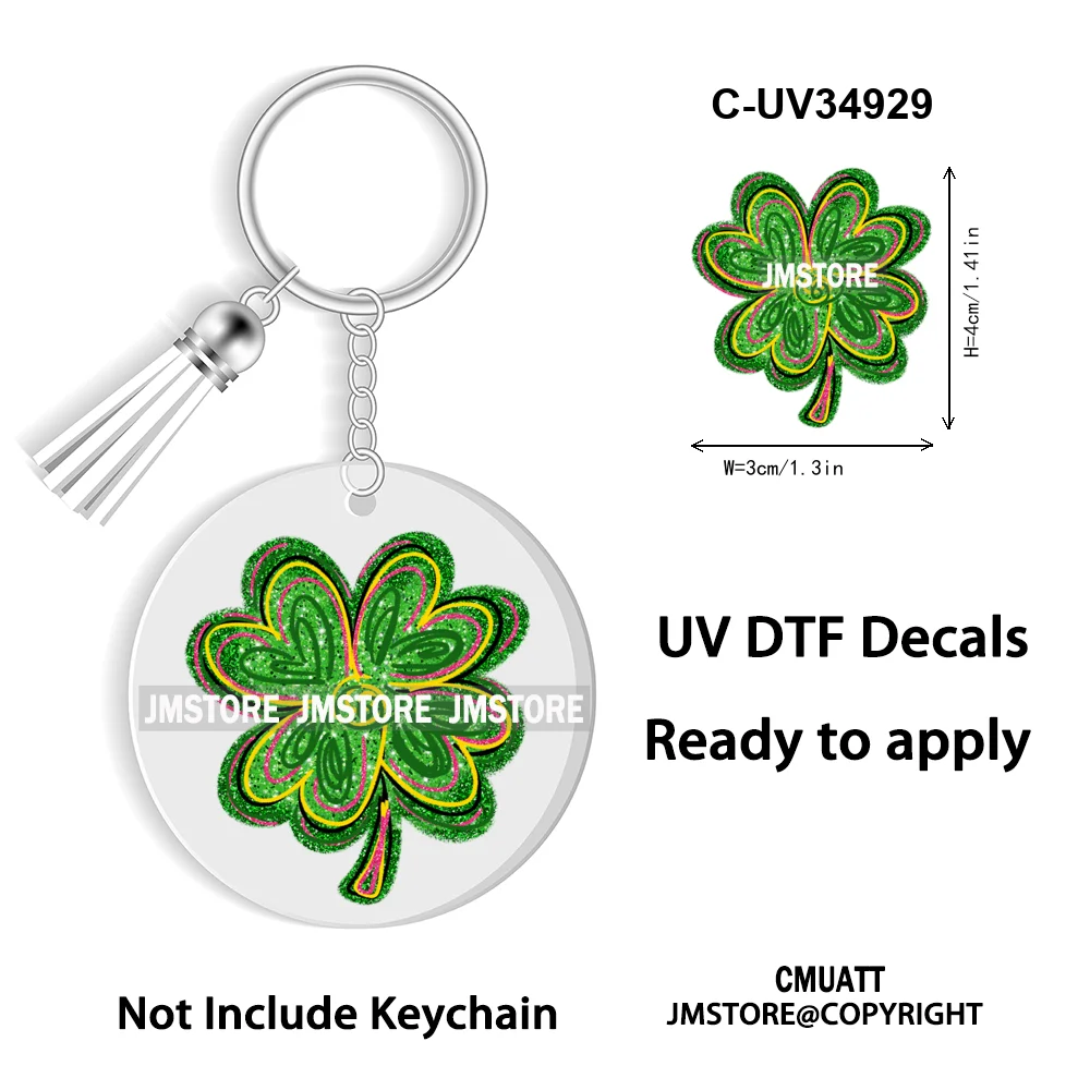 Faux Glitter Lucky Shamrock Coquette St. Patrick's Day WaterProof UV DTF Stickers For Round Circle Acrylic Keychain Key Ring