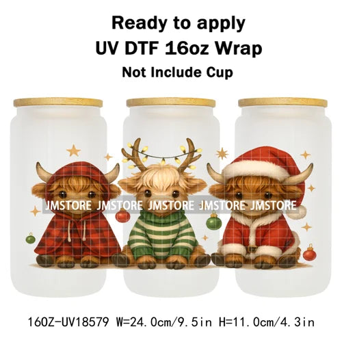 Howdy Christmas Western Highland Cow 16OZ UV DTF Cup Wraps Ready To Apply Waterproof Transfer Stickers For Libbey Glass Can